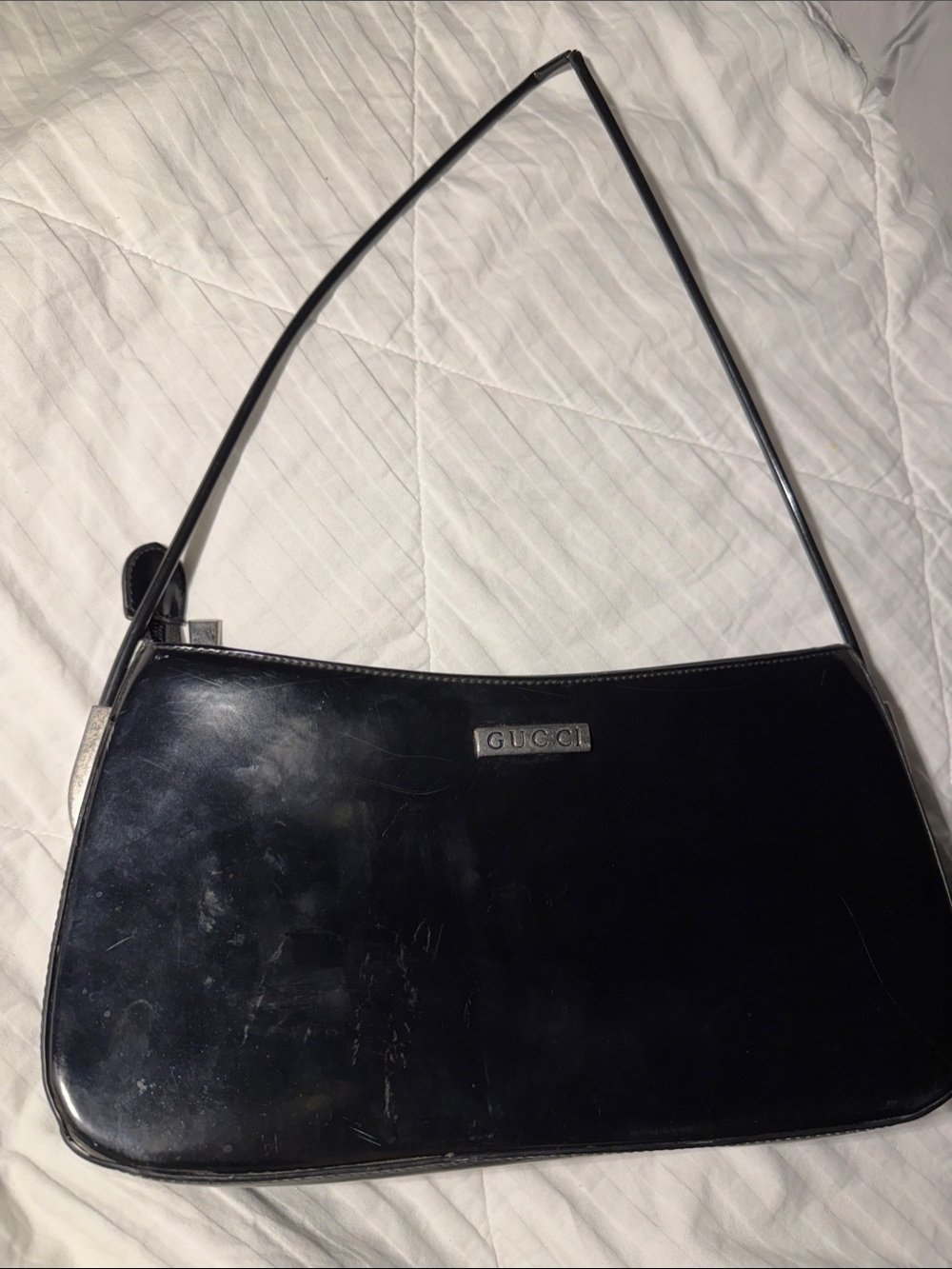 Black Patent Leather Shoulder Bag with Silver Logo Plaque